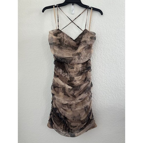 Windsor Lace-up Back Mini Dress M Taupe Abstract Ruched Side/Back 90s Y2K Party - Picture 8 of 14